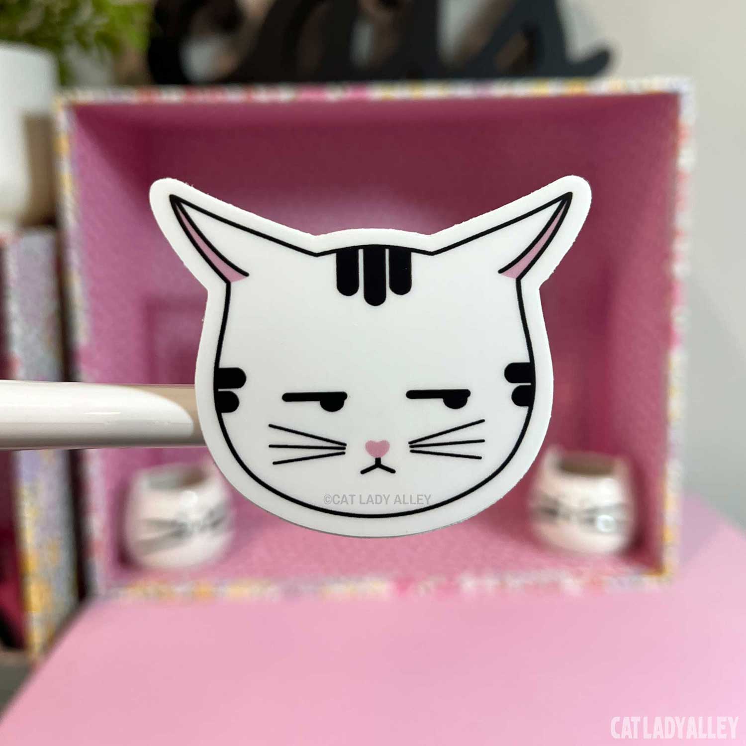side-eye tabby cat sticker with airplane ears