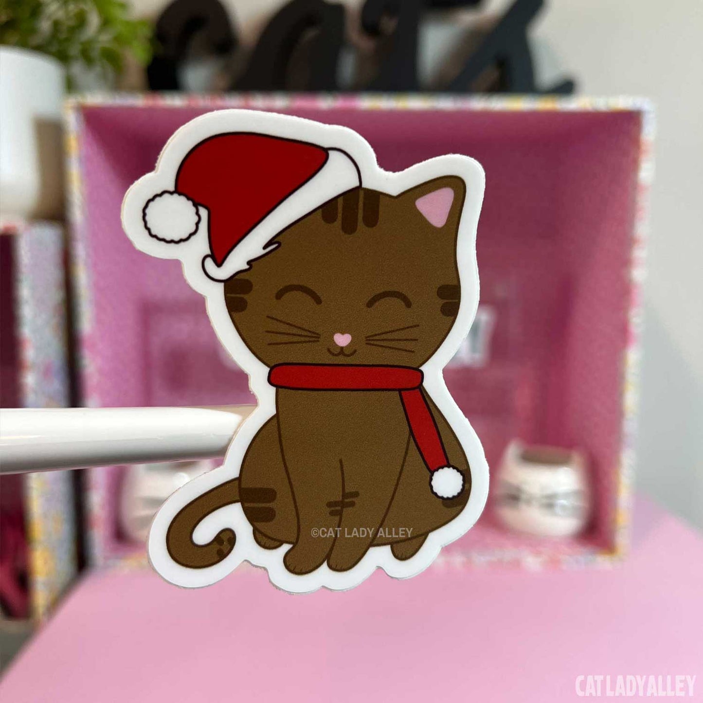 brown tabby santa cat sticker