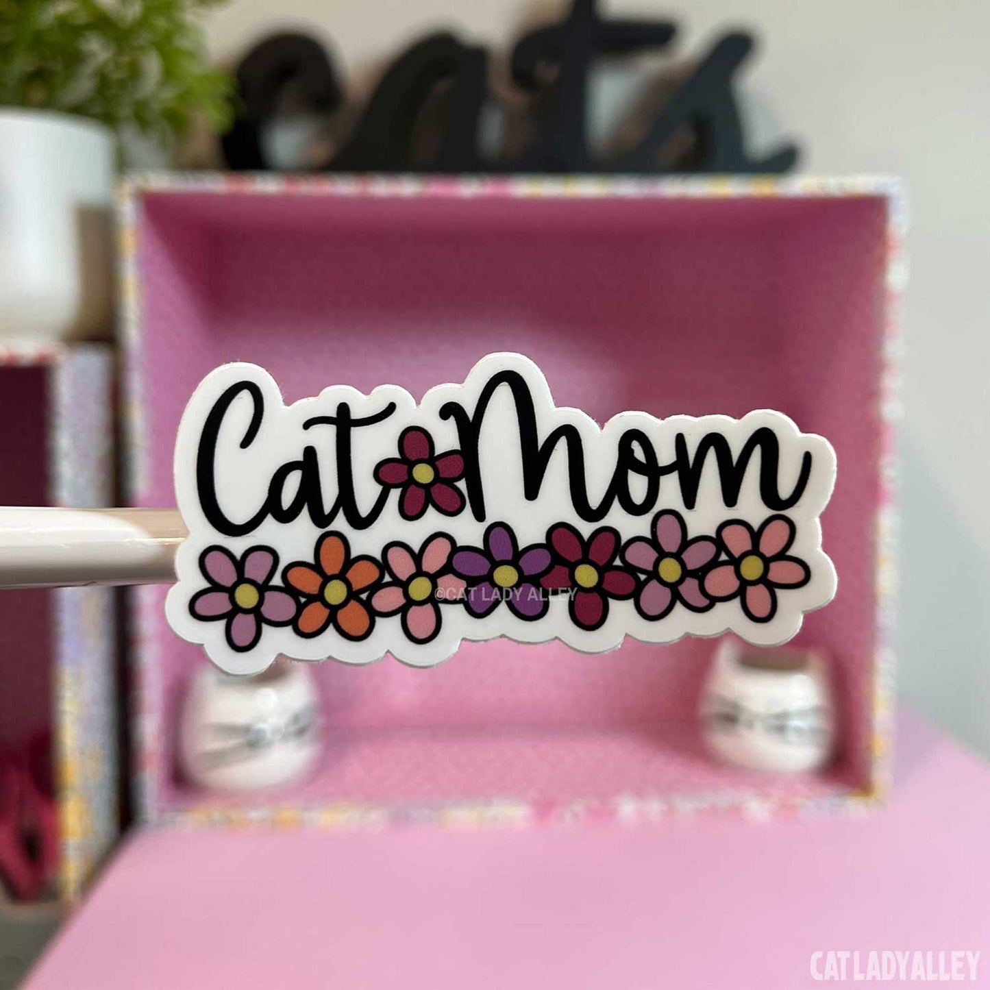 waterproof cat mom sticker with flowers