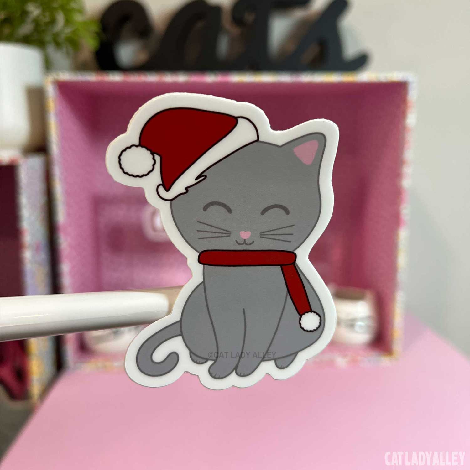 gray cat santa sticker