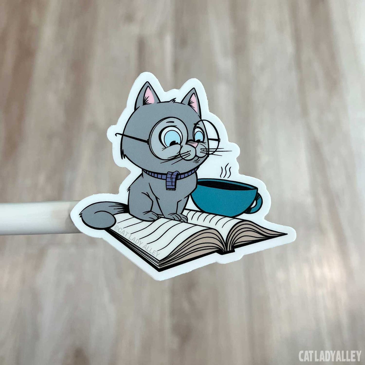 Gray Reading Cat Sticker