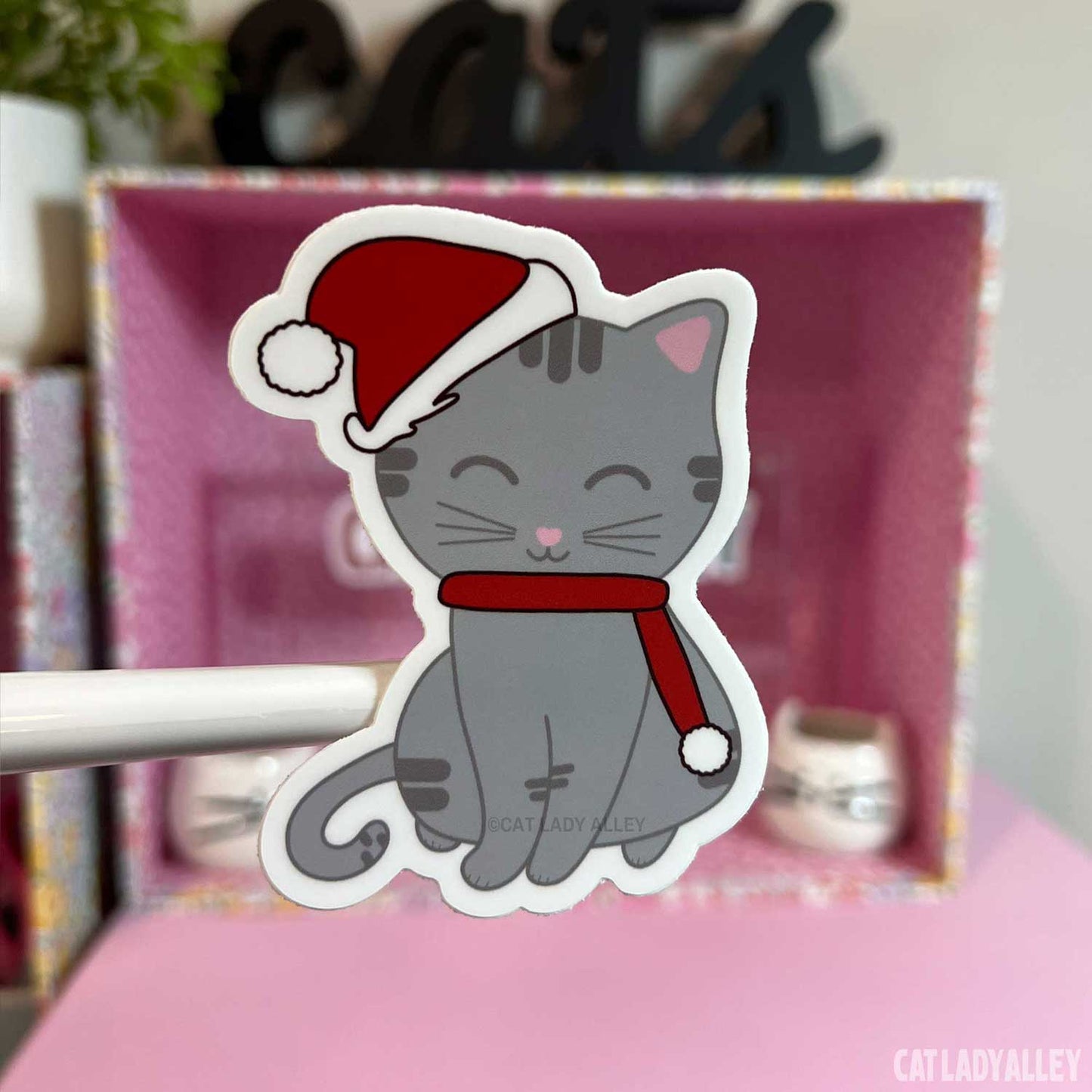 gray tabby cat santa sticker