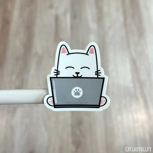 happy cat on laptop sticker