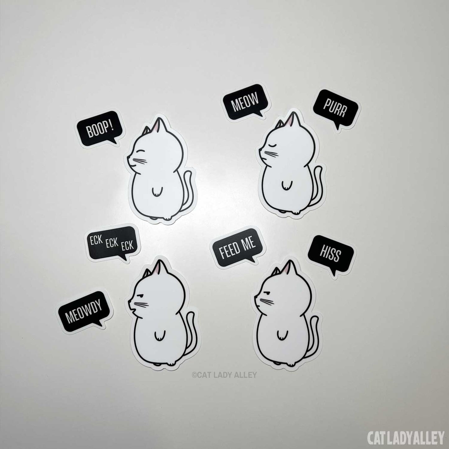 white cat stickers with word bubble stickers