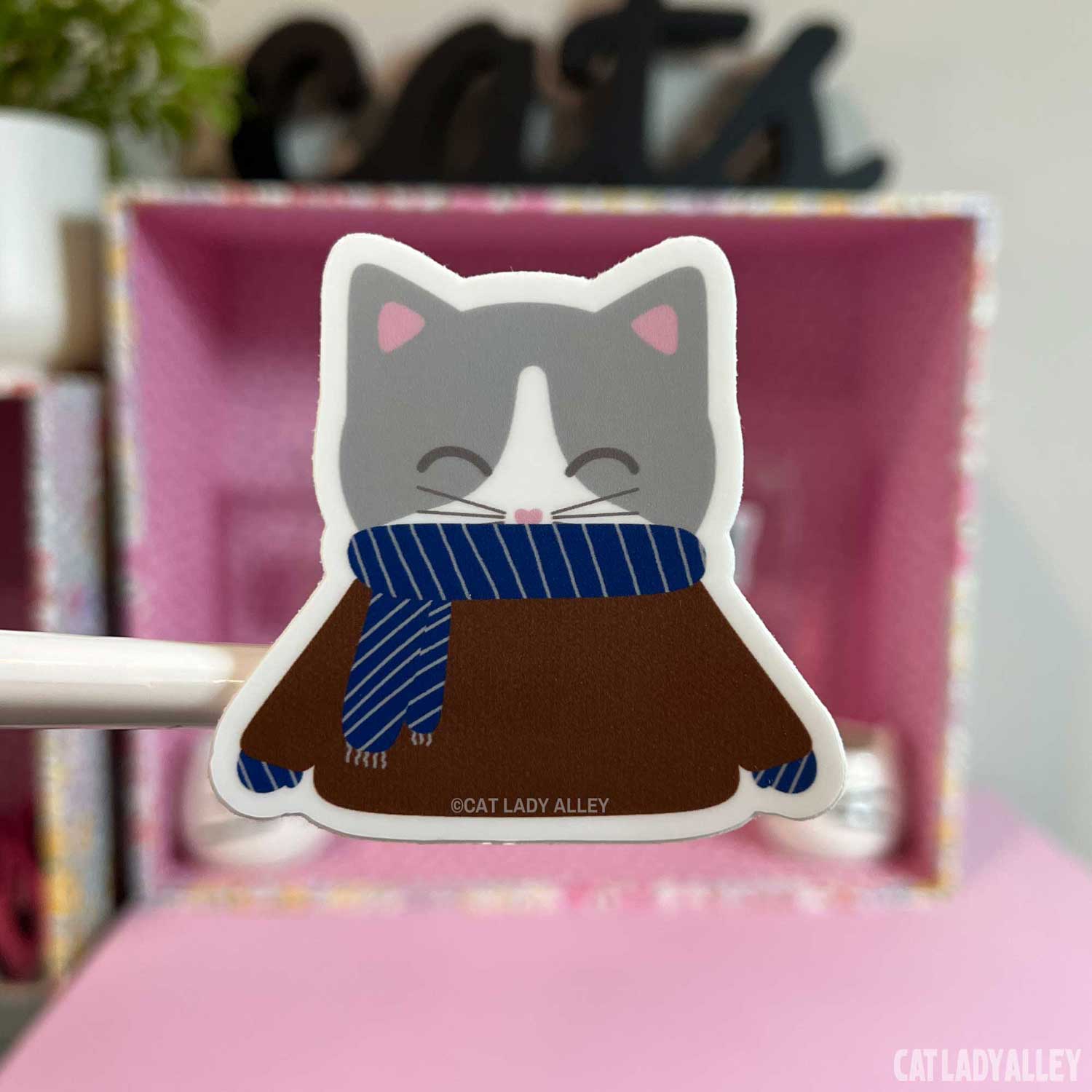 sweater gray and white cat sticker