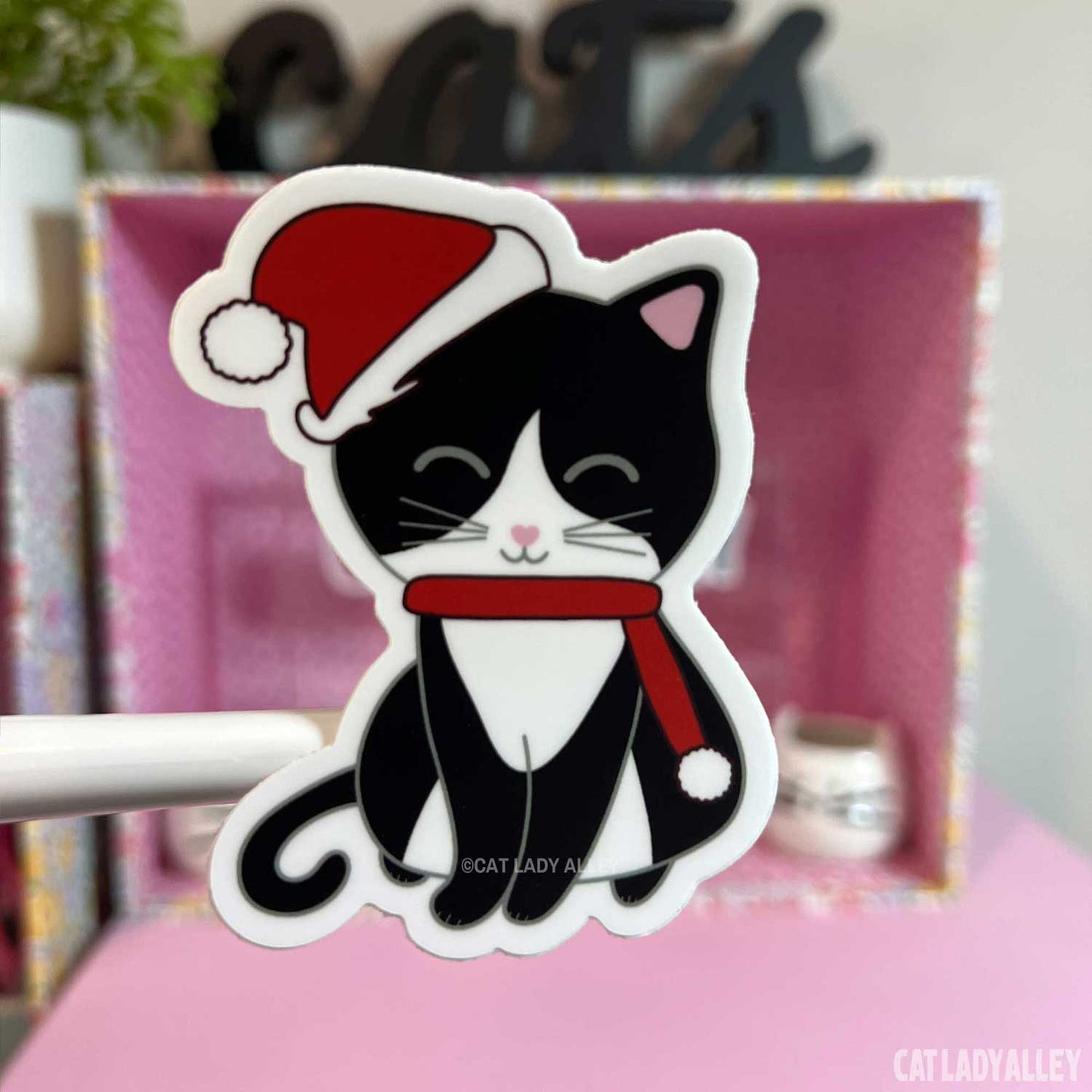 black and white cat santa cat sticker