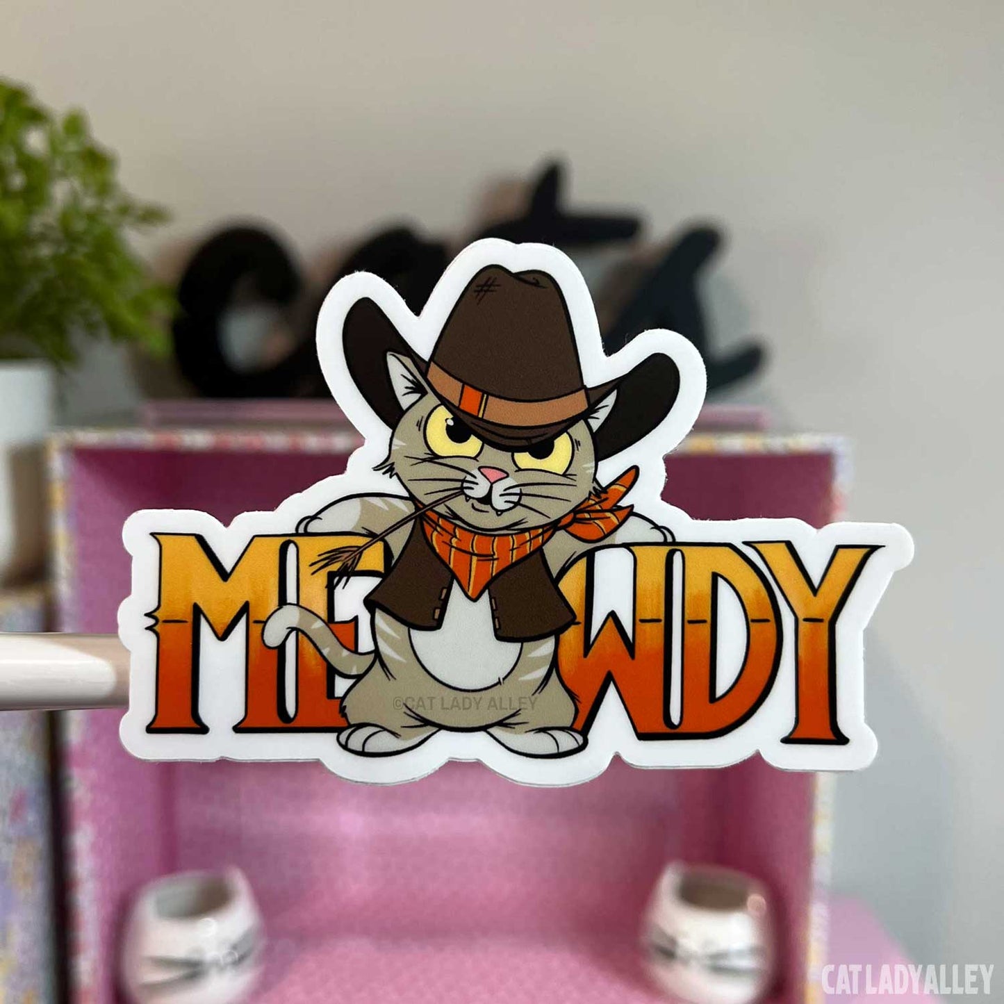 illustrated meowdy cowboy cat matte vinyl sticker