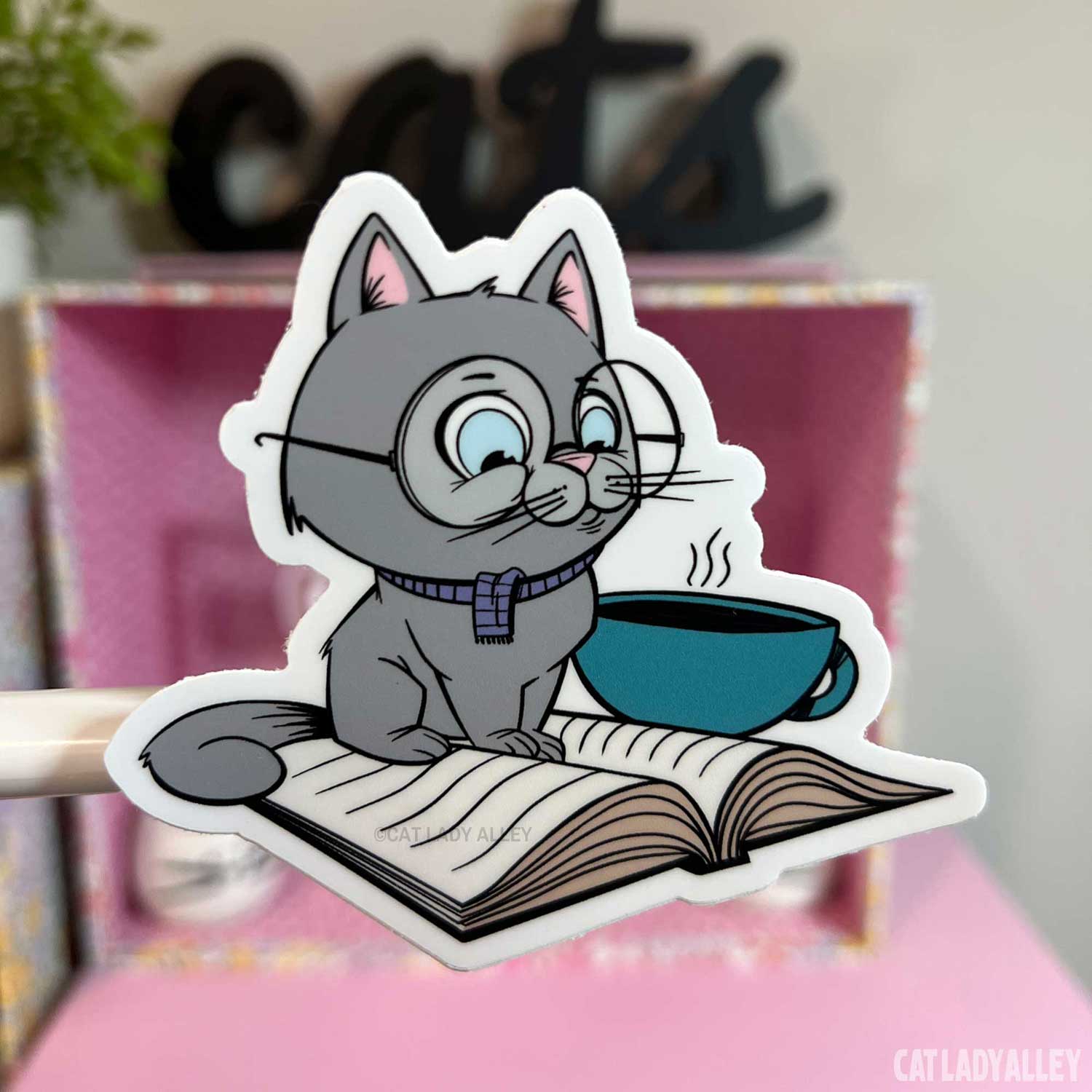 gray cat with glasses matte vinyl sticker